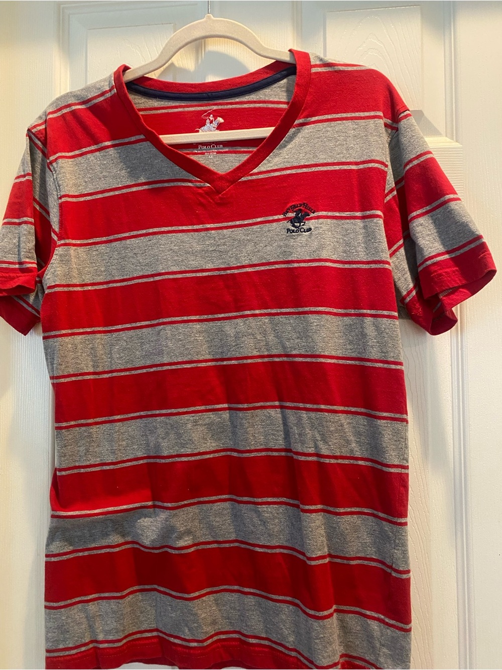 Men's Red & Gray Striped V-Neck Shirt